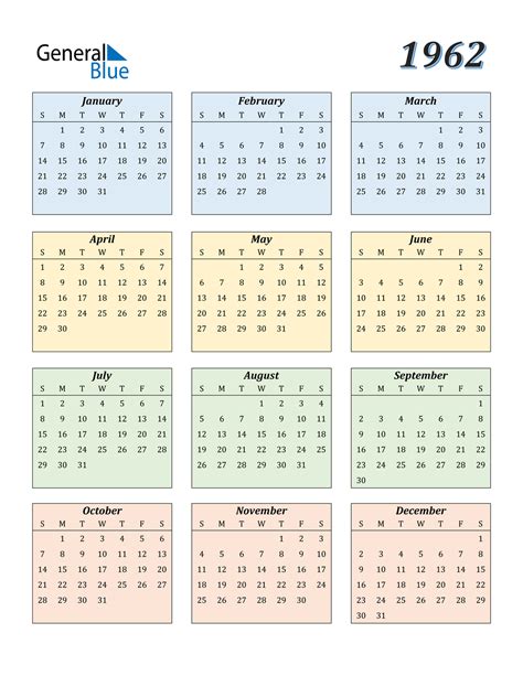 1962 Calendar Layout