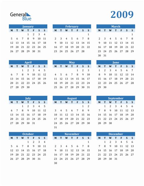 2009 Calendar Template Excel