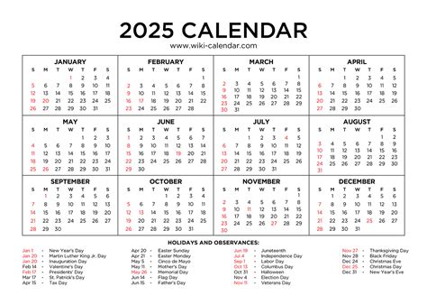 2025 Calendar Printable with Holidays for Specific Needs