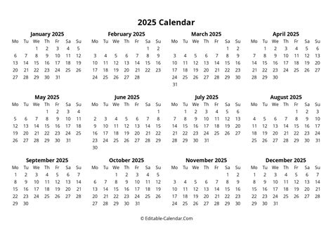 2025 Monday Start Calendar Image 1