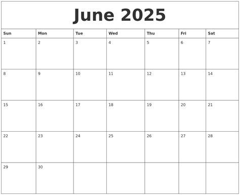 2025 June calendar printable