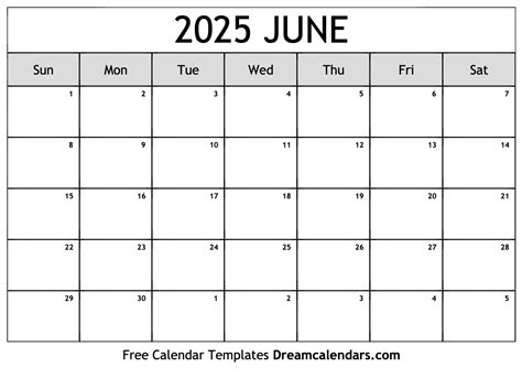 2025 June calendar templates