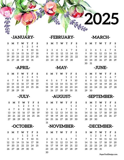 2025 one page printable calendar designs