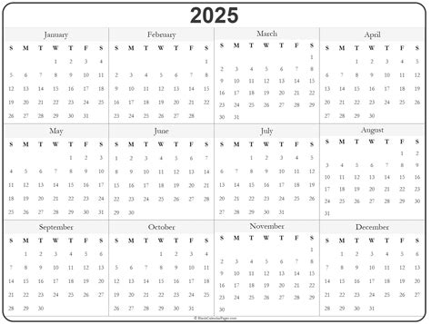 2025 year calendar printable pdf