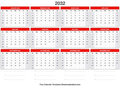 2032 Calendar Template Google Sheets