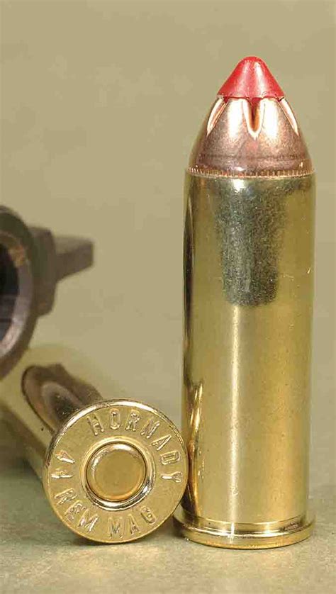 A close-up of a 44 Magnum bullet