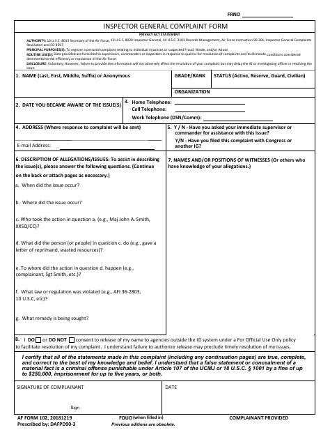 Air Force Inspector General Complaint Resolution Forms