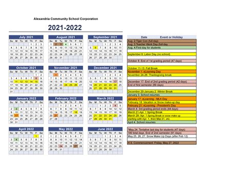 Alexandria Public Schools Calendar Overview