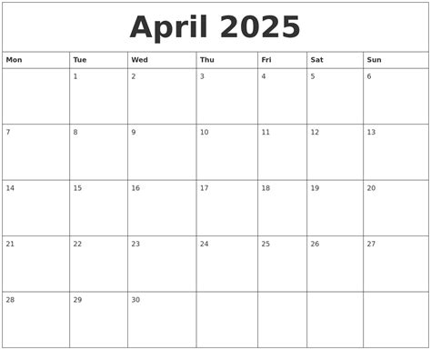 April 2025 Calendar Overview