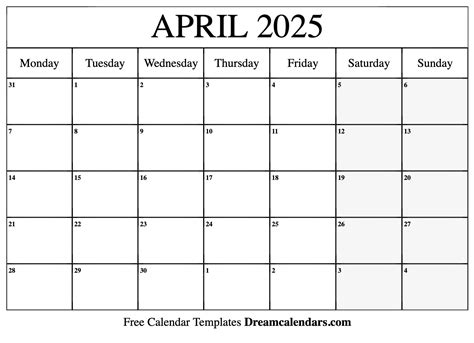 April 2025 Calendar Printable Excel