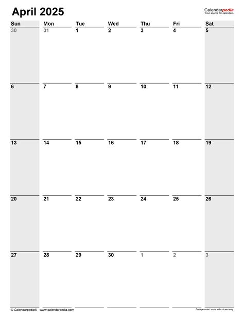 April 2025 Calendar Printable Word