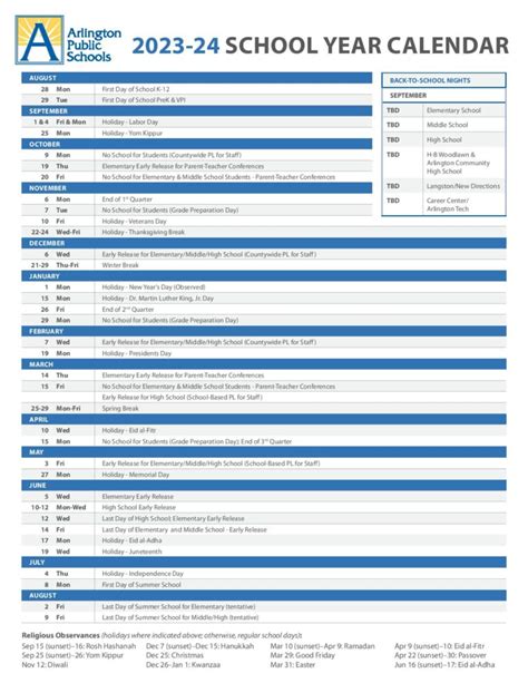 Arlington Public Schools Calendar Overview