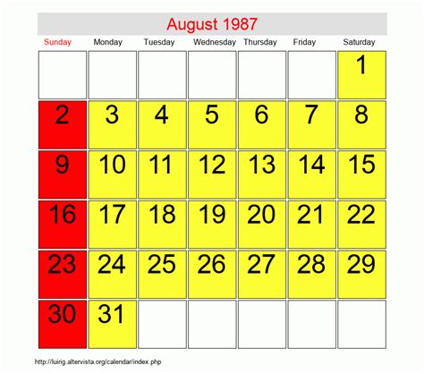 August 1987 Calendar Page