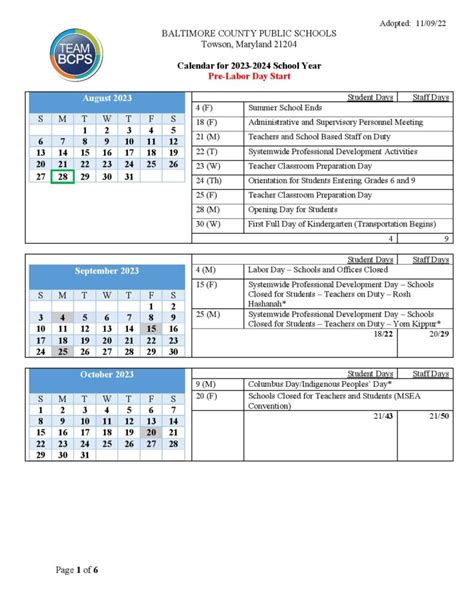 Baltimore School Calendar Events List