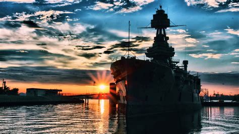 Battleship at Sea during Sunset