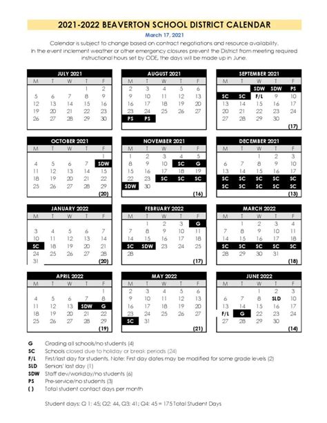 Beaverton Public Schools Calendar Image 1