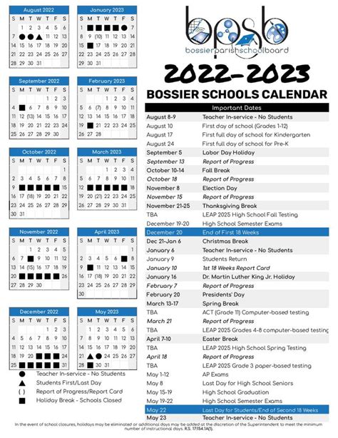 Bossier Parish Schools Academic Calendar