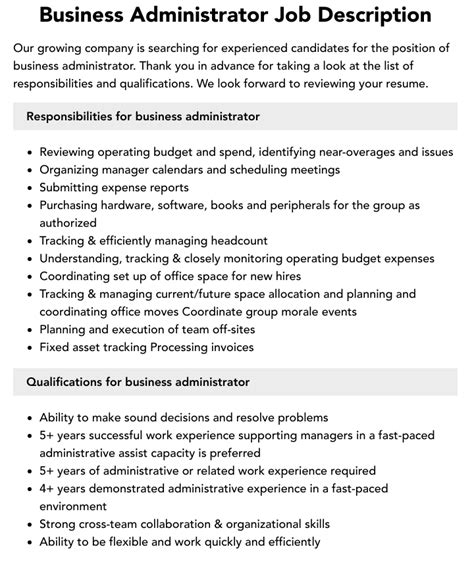 Business Administration Job Description