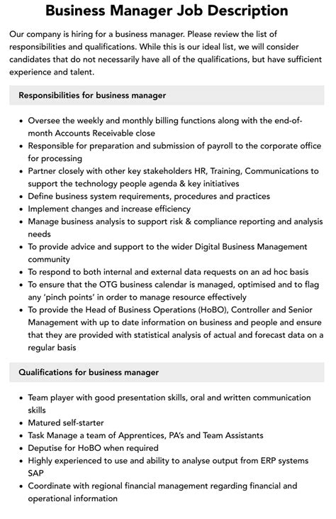 Business Management Job Descriptions