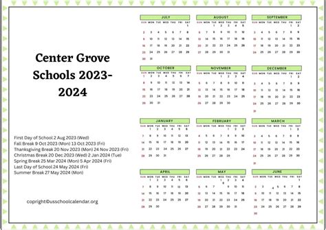 Center Grove School Calendar Overview