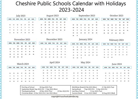 Cheshire School Calendar Overview