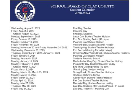 Clay County Schools Calendar Events