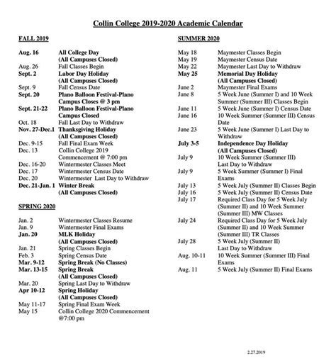 Collin College Academic Calendar