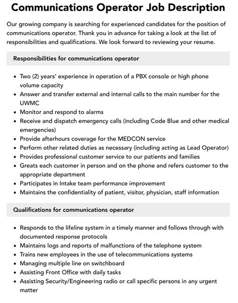 Communications Systems Operator Job Description