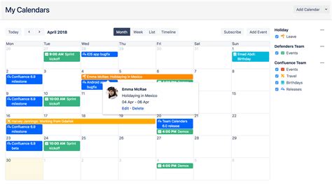 Description of Confluence Calendar Features