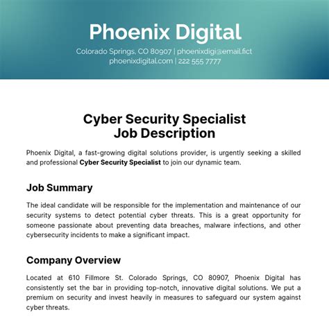 Cybersecurity Specialist Job Description