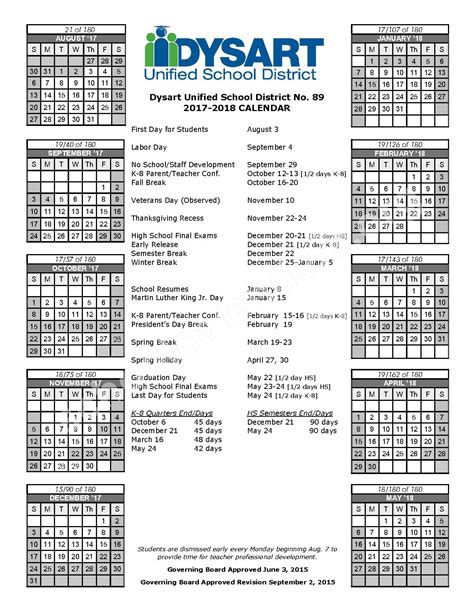 Key Features of the Dysart District School Calendar