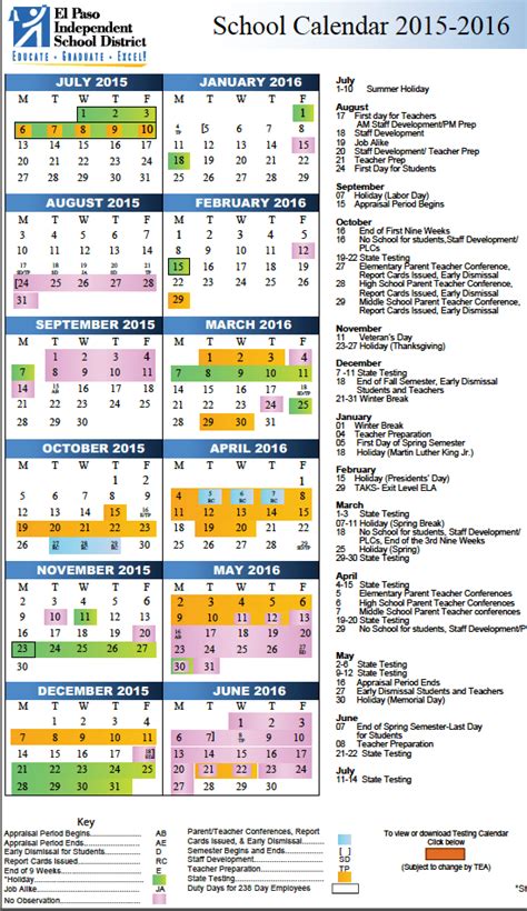 El Paso ISD Calendar