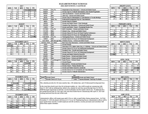 Elizabeth Schools Calendars Student Success