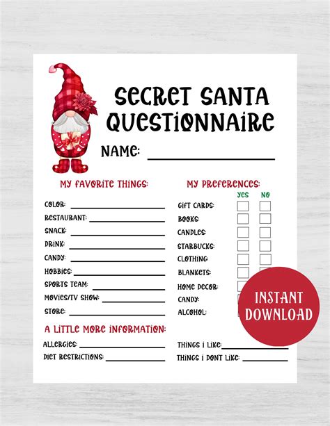 Examples of Secret Santa Questionnaire Printables