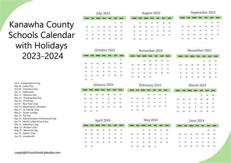 Features of Kanawha County Schools WV Calendar