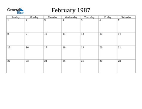 February 1987 Calendar Page