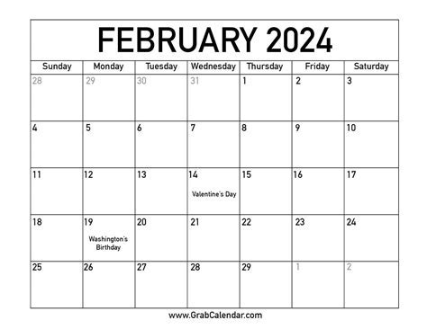 February Calendar Printable