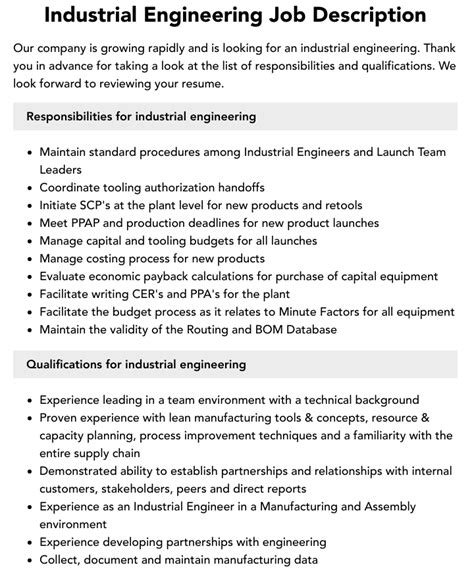 Industrial Engineer Responsibilities