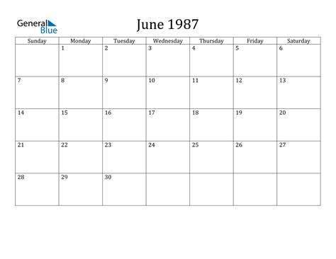 June 1987 Calendar Page