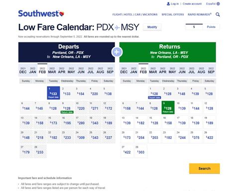 Low Fare Calendar Example 2