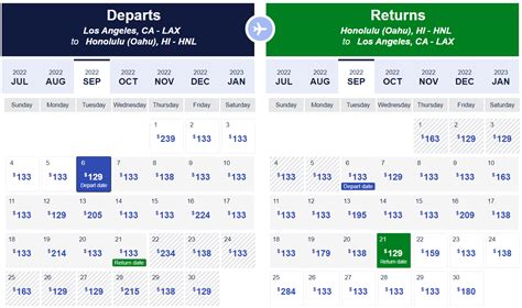 Low Fare Calendar Example