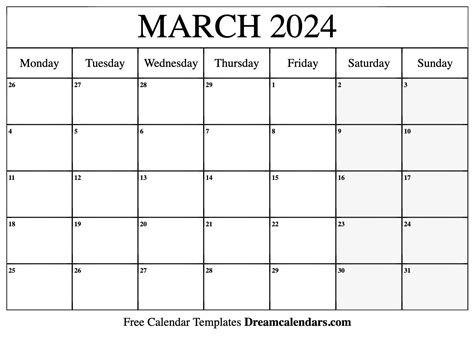 March Calendar Printable Template