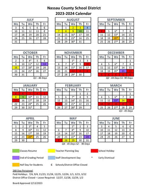 Nassau School Calendar