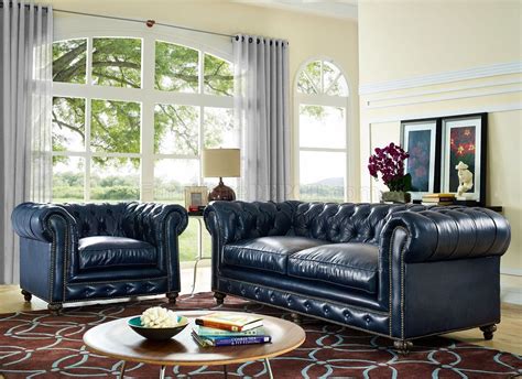 Navy Blue Leather Couch in a living room