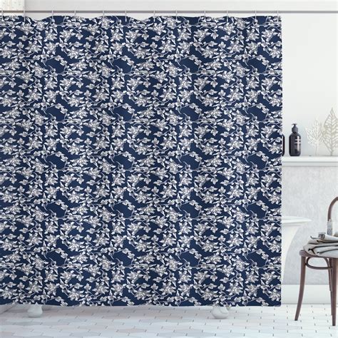 Navy Blue Shower Curtain with Floral Pattern