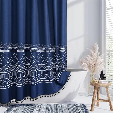 Navy Blue Shower Curtain with Geometric Pattern