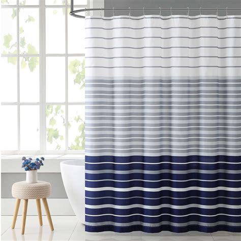 Navy Blue and White Striped Shower Curtain