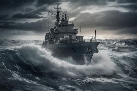 Navy ship navigating stormy weather