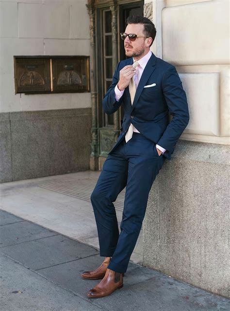 Navy Suit and Brown Ankle Boots