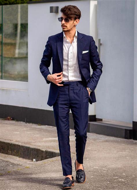 Navy Suit and Brown Loafers